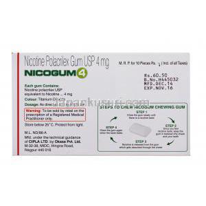 Nicogum4,　ニコチン代替療法用ガム 4mg, ミント味，箱裏面,使用量,保存方法,注意事項